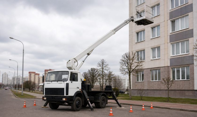 автовышка с люлькой на городской площадке в Минске
