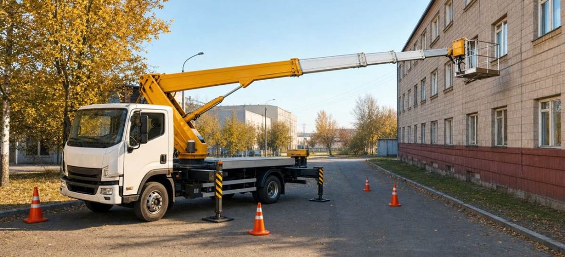 автовышка на опорах работает с большим вылетом у фасада в Минске