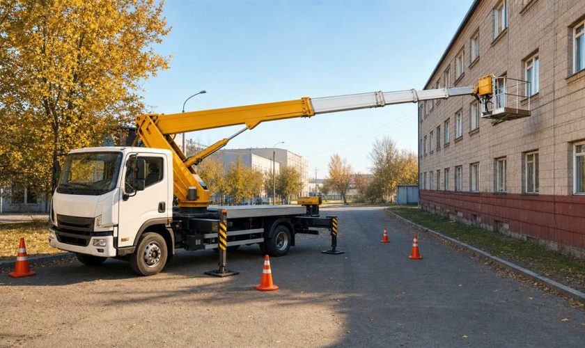 автовышка на опорах работает с большим вылетом у фасада в Минске