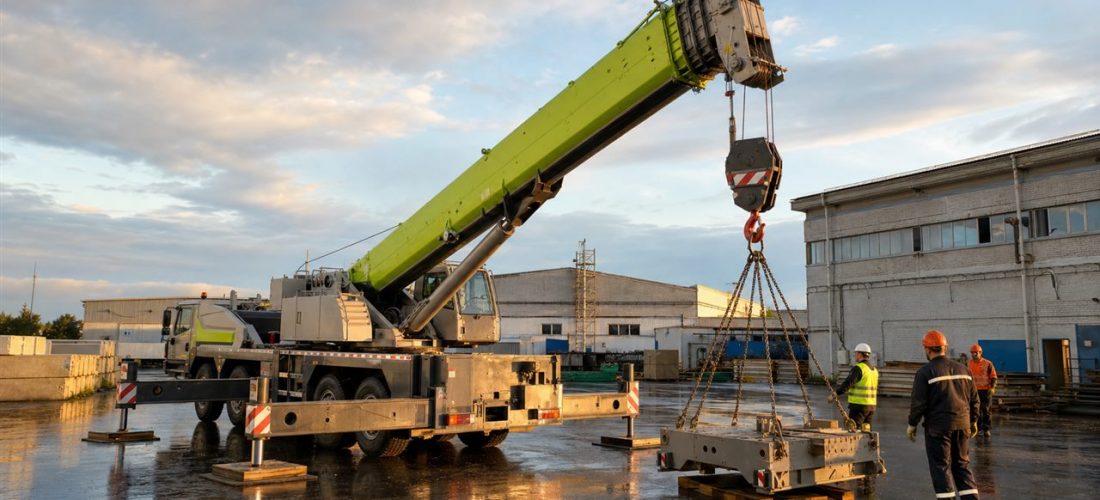 автокран на опорах готовит подъем груза на площадке в Минске