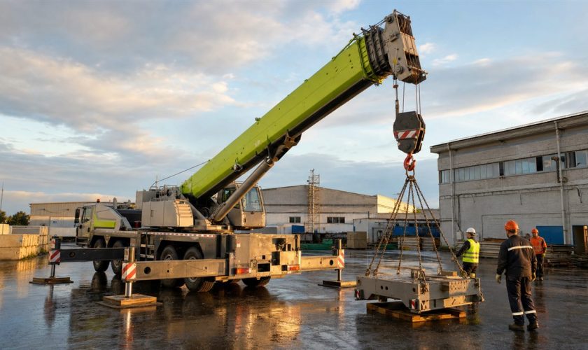 автокран на опорах готовит подъем груза на площадке в Минске