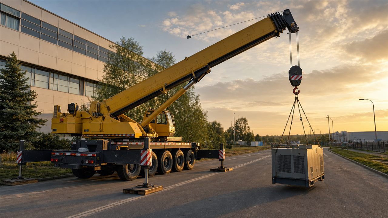 автокран на опорах работает с грузом на большом вылете