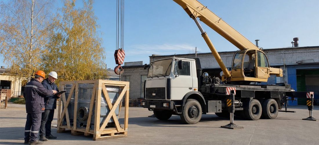 автокран на площадке и подготовка данных о весе груза перед заказом