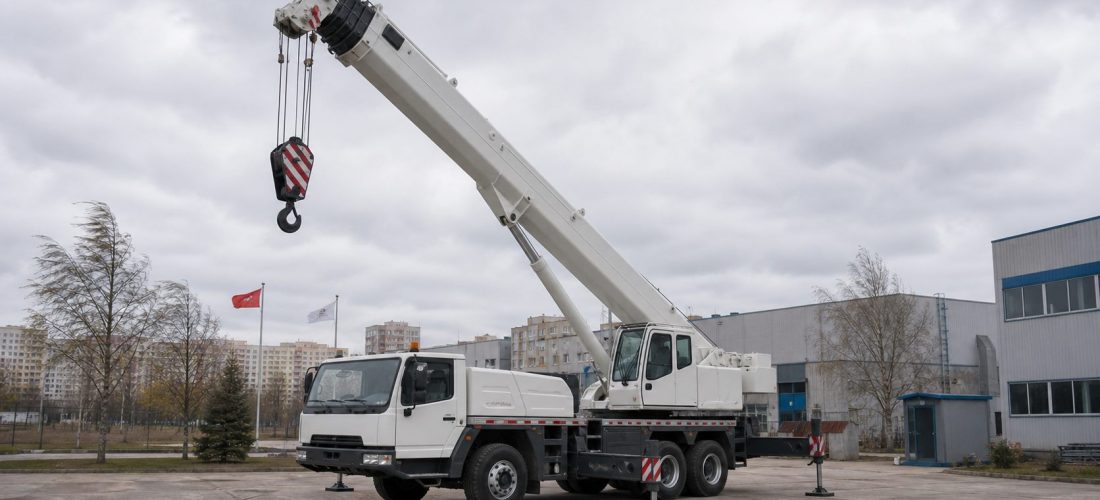 автокран на опорах на ветреной городской площадке в Минске