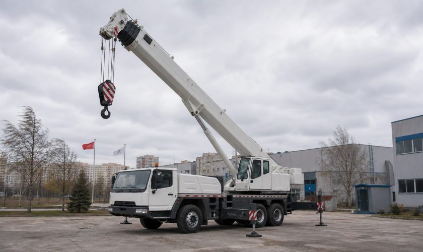 автокран на опорах на ветреной городской площадке в Минске