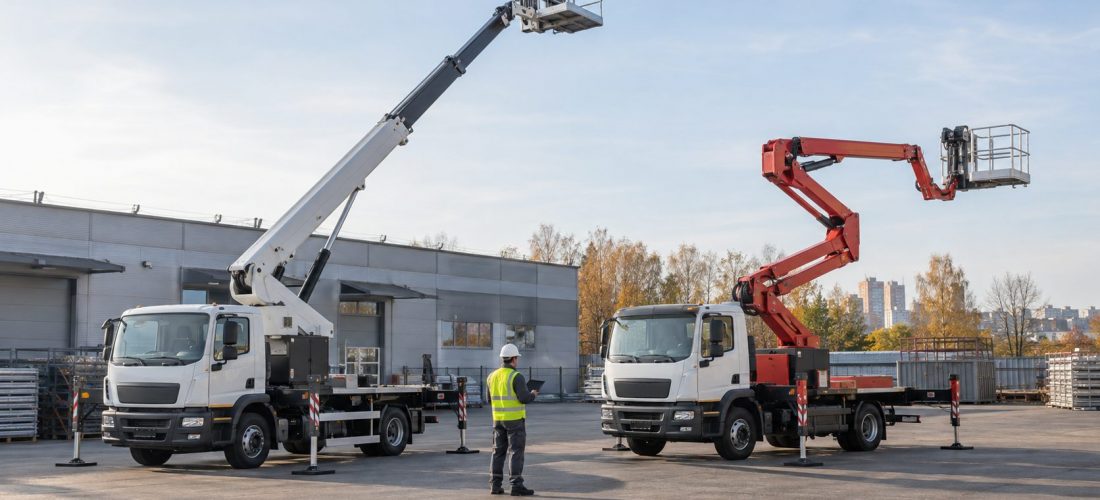 телескопическая и коленчатая автовышка на промышленной площадке