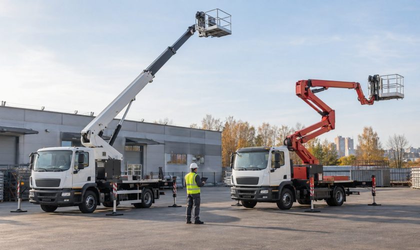 телескопическая и коленчатая автовышка на промышленной площадке