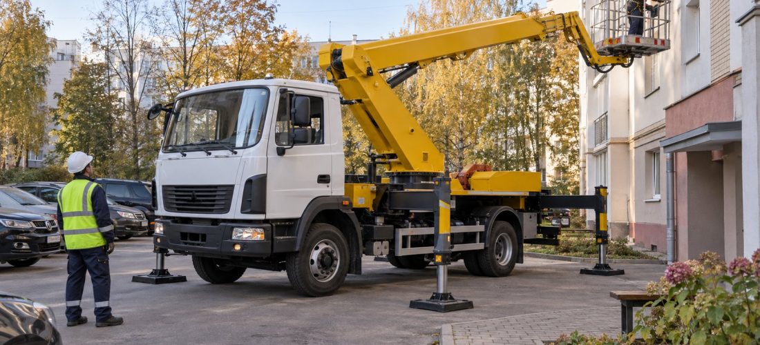автовышка на опорах во дворе перед работой у фасада