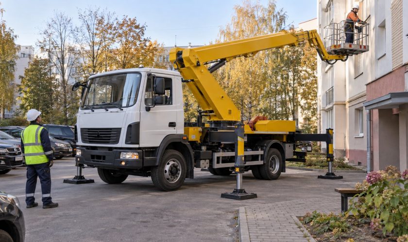 автовышка на опорах во дворе перед работой у фасада