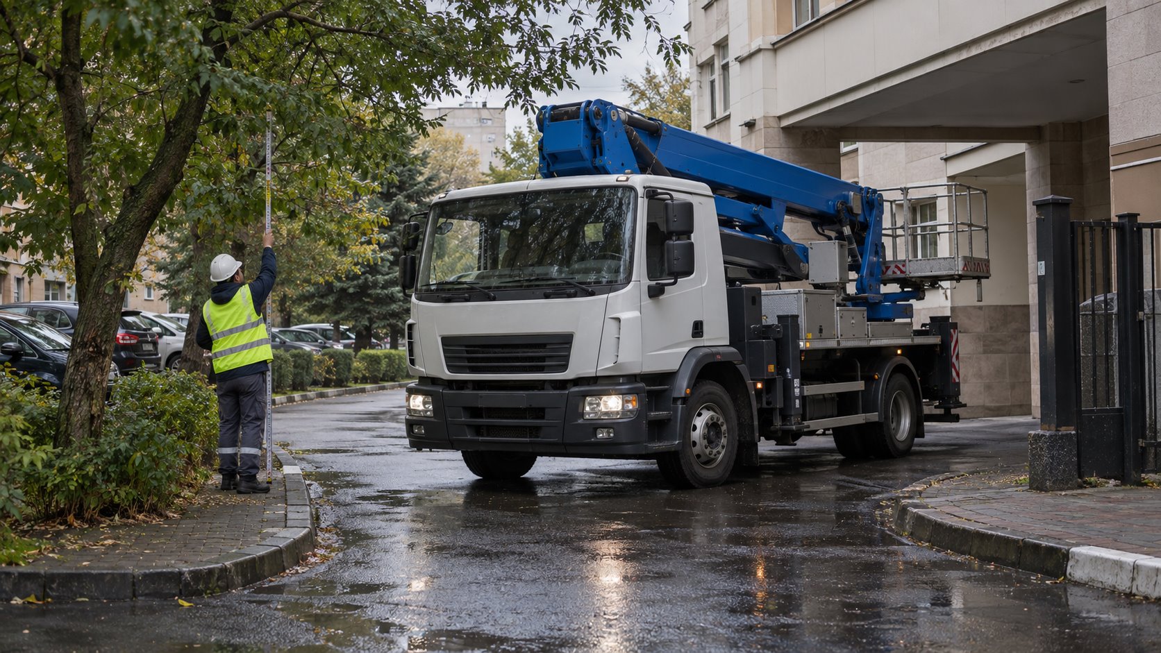 проверка ширины проезда перед установкой автовышки